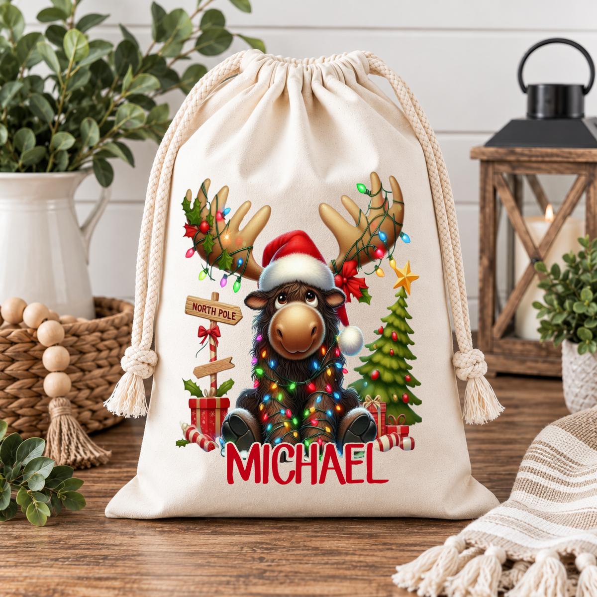 Personalized Christmas Moose Gift Bag – Custom Name Holiday Drawstring Sack