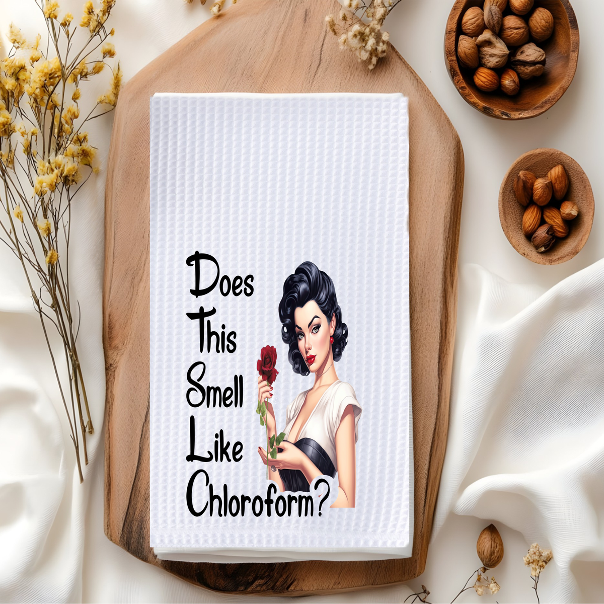 Funny Kitchen Waffle Towel – Does This Smell Like Chloroform? Retro Humor Dish Towel