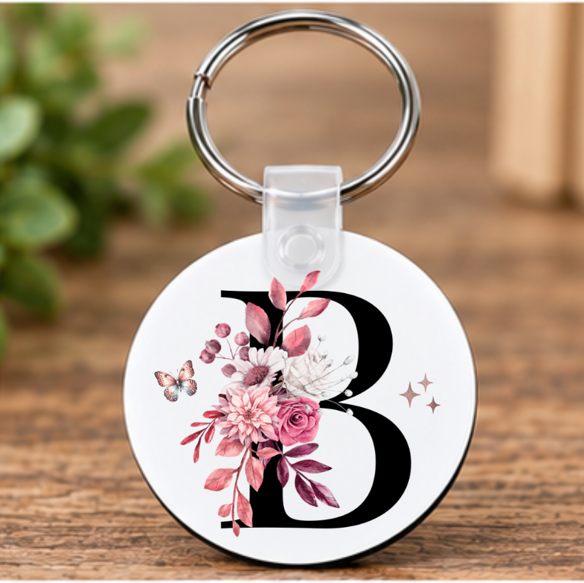 Floral Initial Keychain, Personalized Boho Letter Monogram Keyring