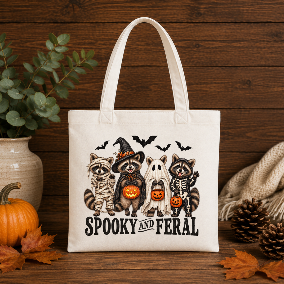 Spooky & Feral Halloween Canvas Tote Bag – Raccoon Trick or Treat Bag