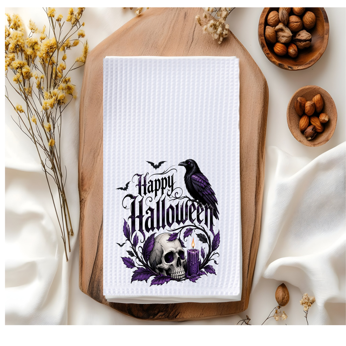 Happy Halloween Gothic Raven Skull Waffle Kitchen Towel