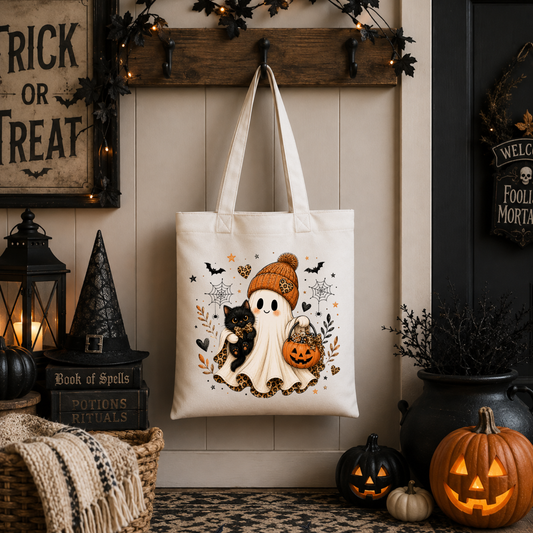 Personalized Halloween Trick or Treat Bag – Ghost & Black Cat Tote