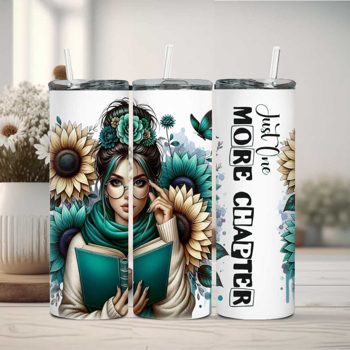 Just One More Chapter 20oz Tumbler – Book Lover Sunflower Travel Cup