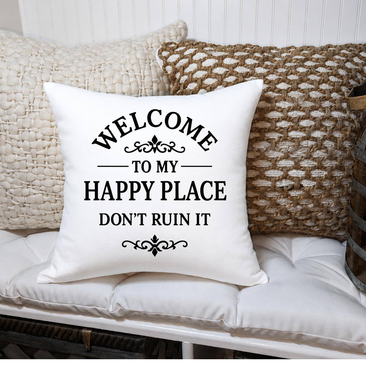 Welcome to My Happy Place Pillow Cover – Funny Farmhouse Decorative Throw Pillow
