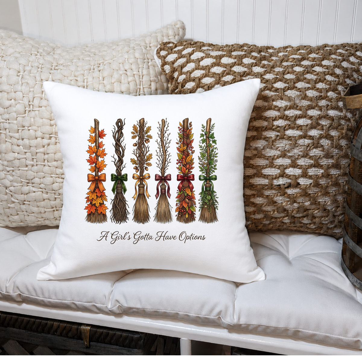 Fall Broom Pillow Cover – “A Girl’s Gotta Have Options” Autumn Witch Home Decor