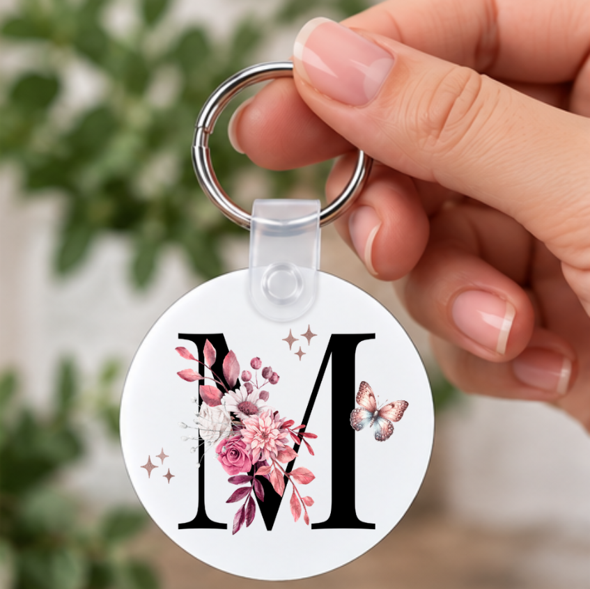 Floral Initial Keychain, Personalized Boho Letter Monogram Keyring