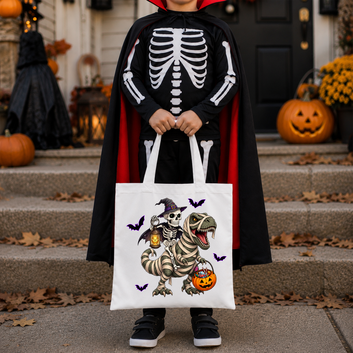 Halloween Dinosaur Tote Bag – Skeleton & Mummy T-Rex Trick or Treat Bag