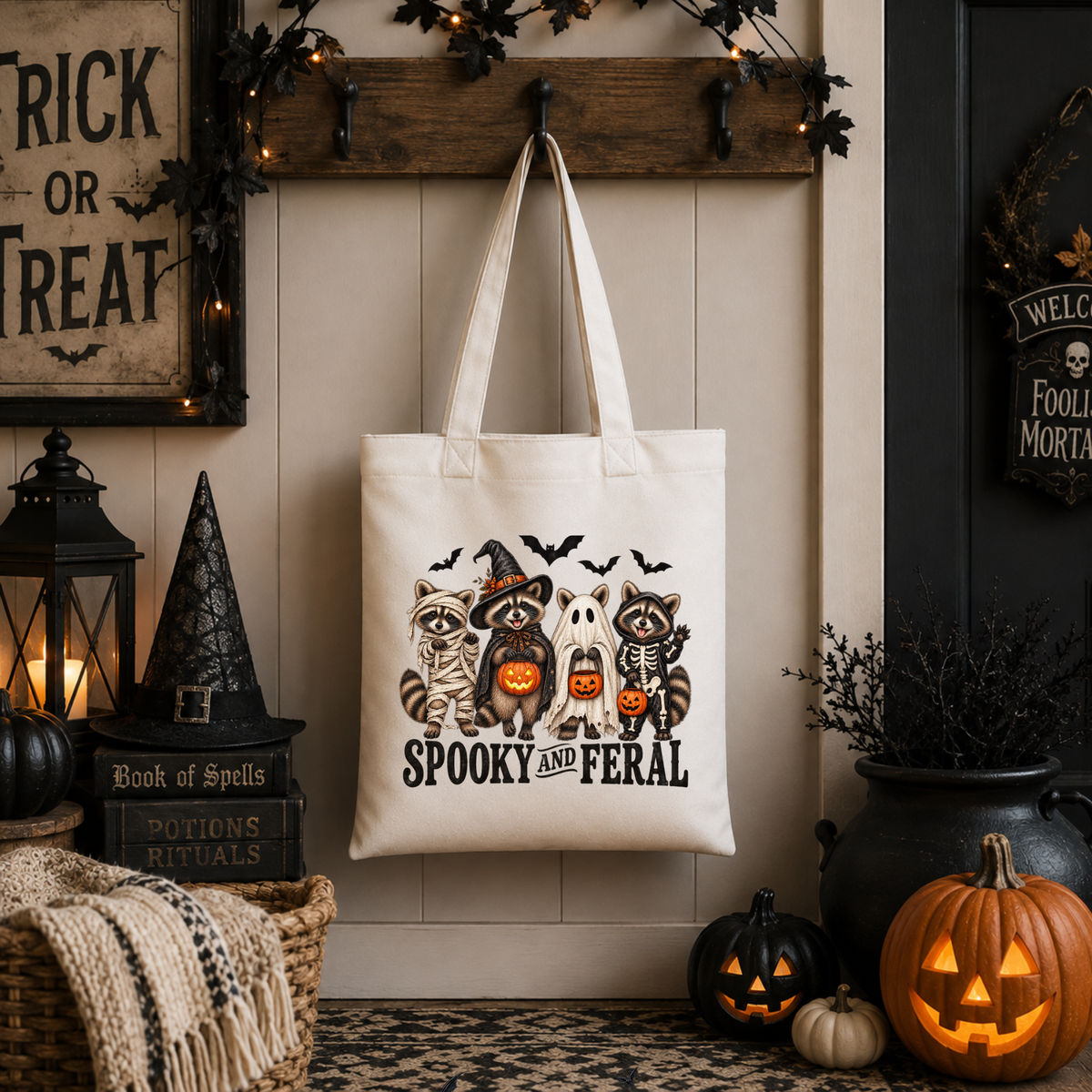 Spooky & Feral Halloween Canvas Tote Bag – Raccoon Trick or Treat Bag
