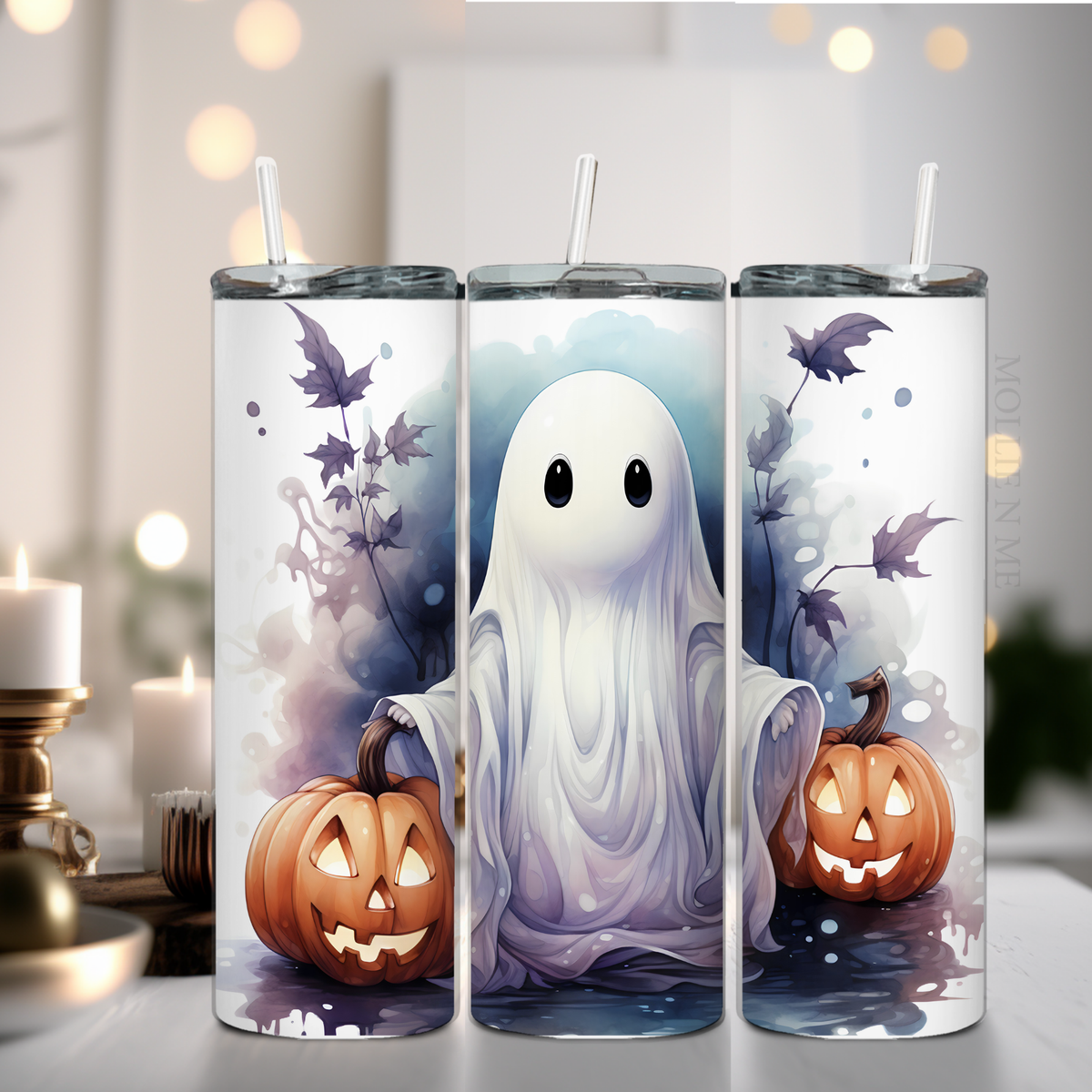 Halloween Ghost Tumbler – 20oz Skinny Stainless Steel Cup with Lid & Straw