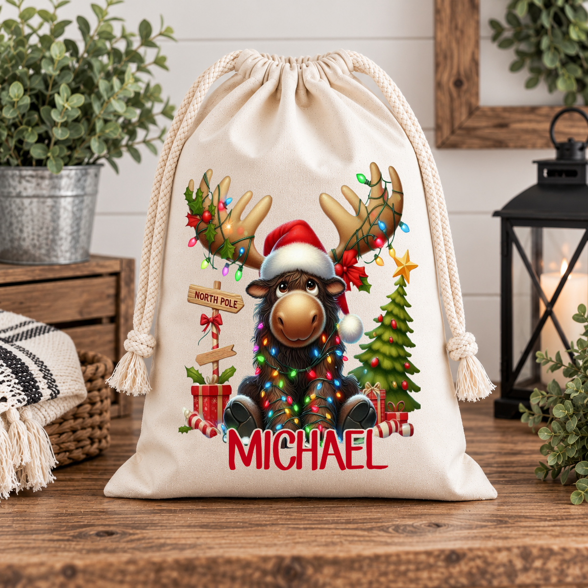 Personalized Christmas Moose Gift Bag – Custom Name Holiday Drawstring Sack