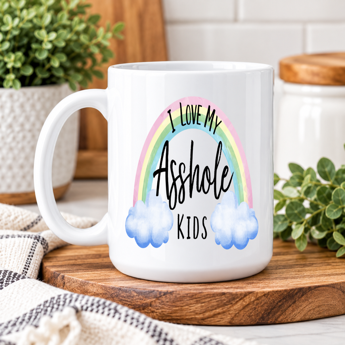 Funny Mom Coffee Mug – I Love My Asshole Kids Rainbow Ceramic Cup, Sarcastic Mom Gift