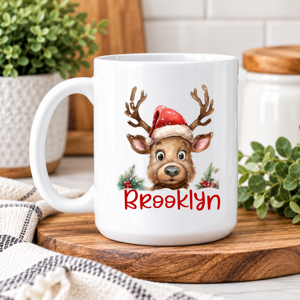 Personalized Christmas Reindeer Mug – Custom Name Coffee Cup, Cute Holiday Gift for Kids & Family
