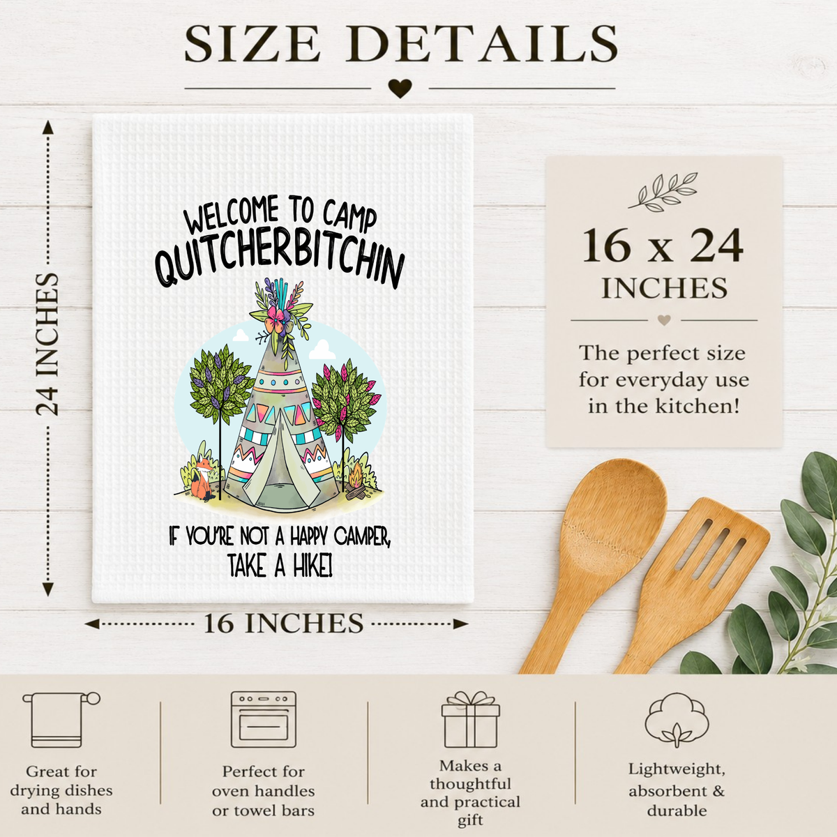 Camp Quitcherbitchin Funny Waffle Kitchen Towel – Happy Camper Camping Gift