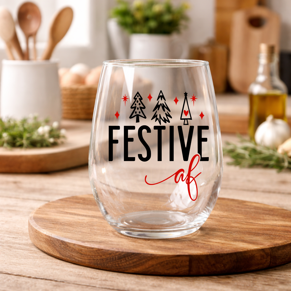 Festive AF Stemless Wine Glass – Funny Holiday Christmas Gift