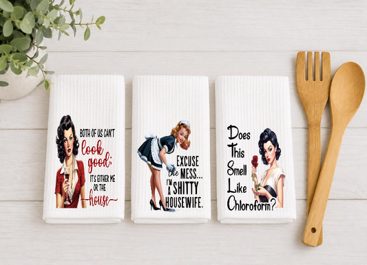 Funny Kitchen Towels – Sarcastic Retro Housewife Decorative Dish Towels