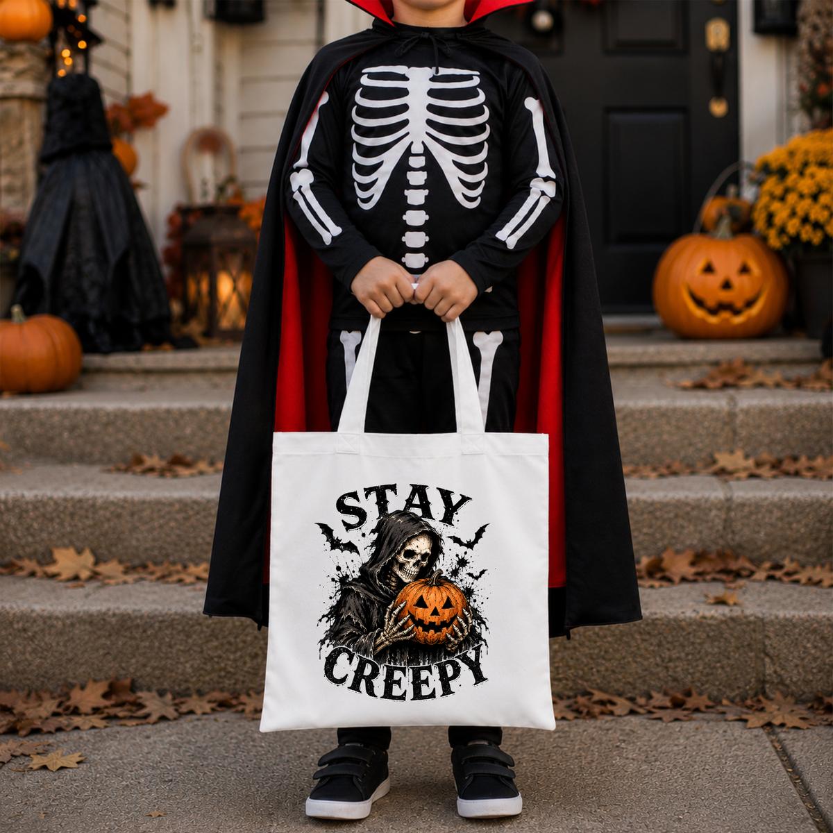 Stay Creepy Halloween Canvas Tote Bag – Skeleton Pumpkin Gothic Bag