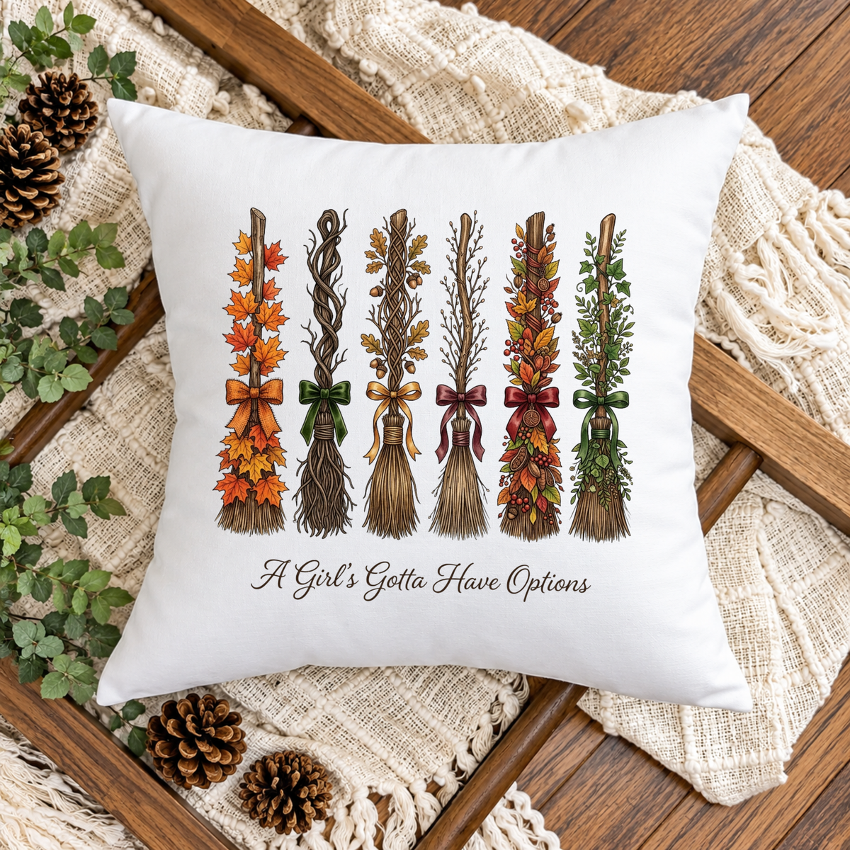 Fall Broom Pillow Cover – “A Girl’s Gotta Have Options” Autumn Witch Home Decor