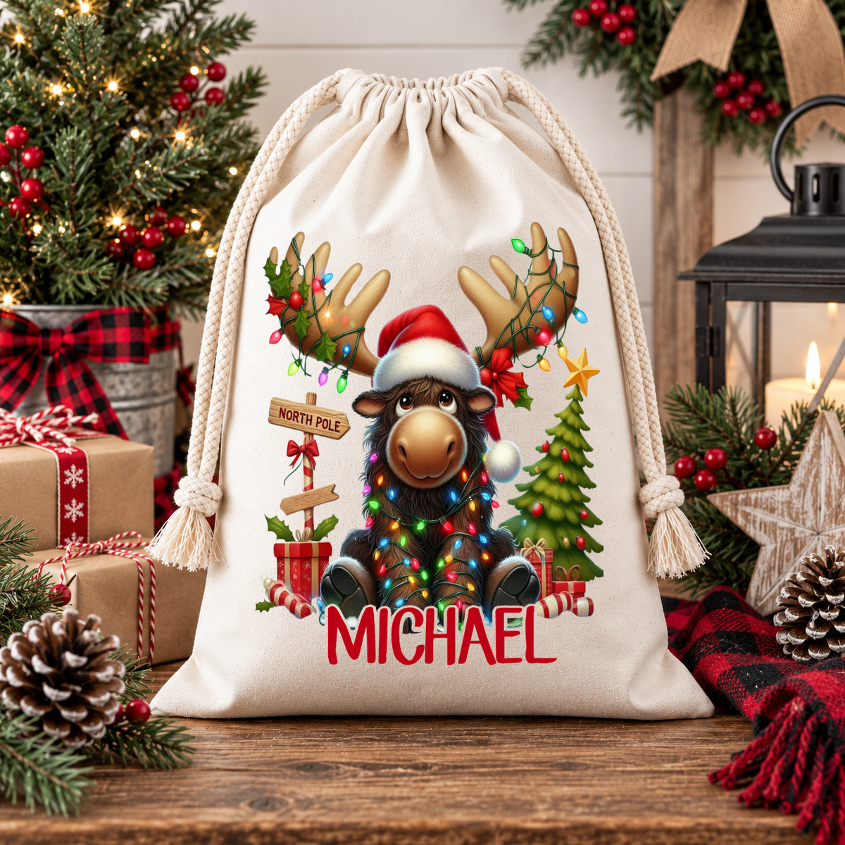 Personalized Christmas Moose Gift Bag – Custom Name Holiday Drawstring Sack