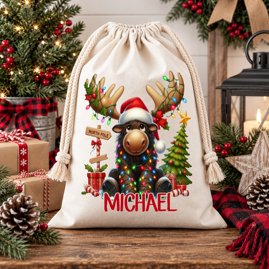 Personalized Christmas Moose Gift Bag – Custom Name Holiday Drawstring Sack