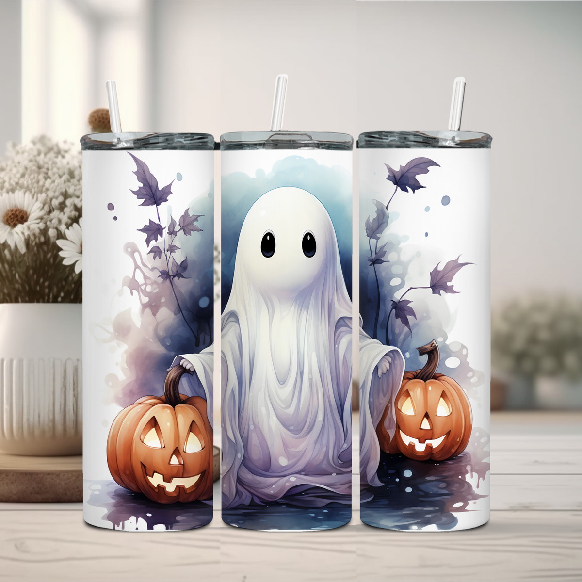 Halloween Ghost Tumbler – 20oz Skinny Stainless Steel Cup with Lid & Straw