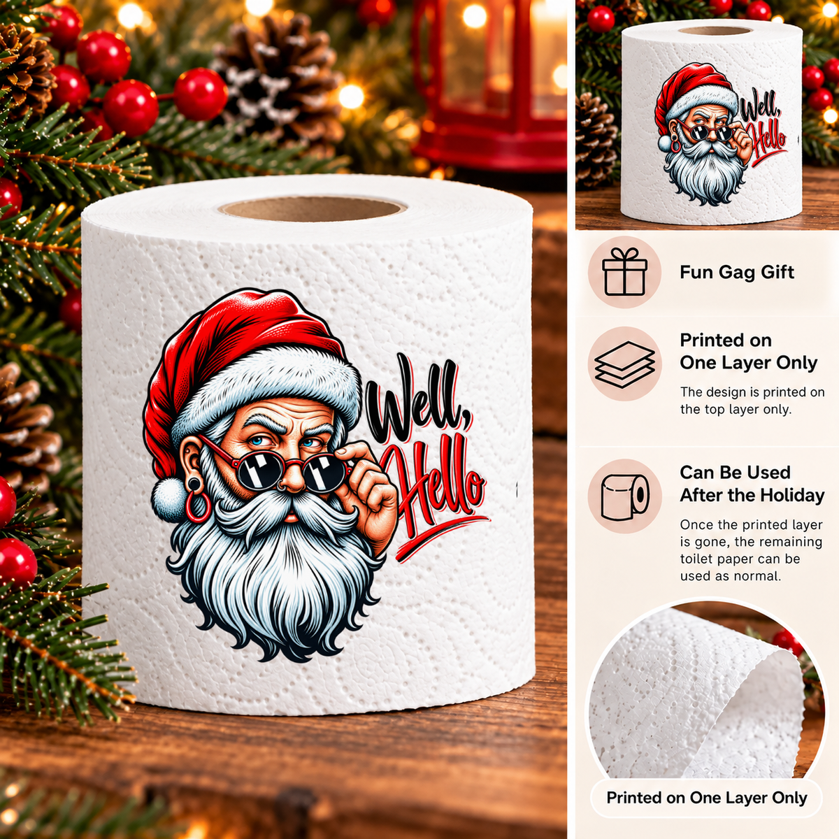 Funny Santa Christmas Toilet Paper – “Well, Hello” Holiday Gag Gift