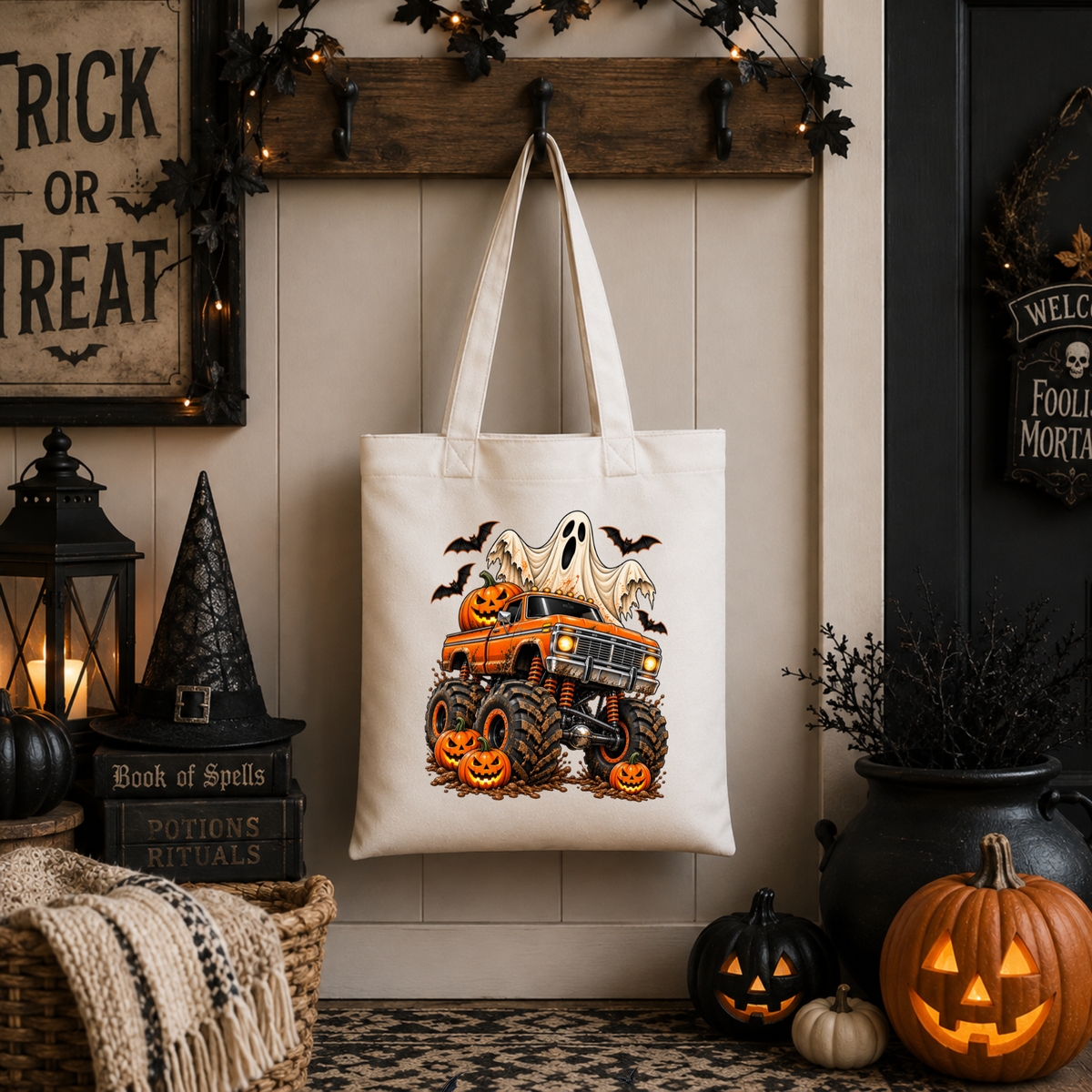 Halloween Trick or Treat Tote Bag – Monster Truck Candy Bag for Kids