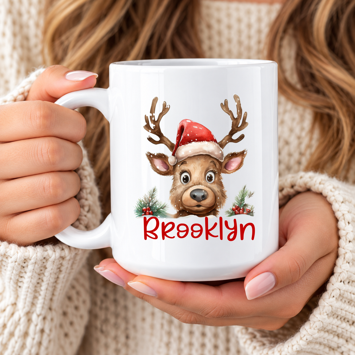 Personalized Christmas Reindeer Mug – Custom Name Coffee Cup, Cute Holiday Gift for Kids & Family