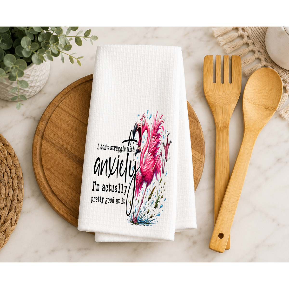 Funny Flamingo Kitchen Towel – I Don't Struggle With Anxiety Waffle Dish Towel, Sarcastic Kitchen Decor