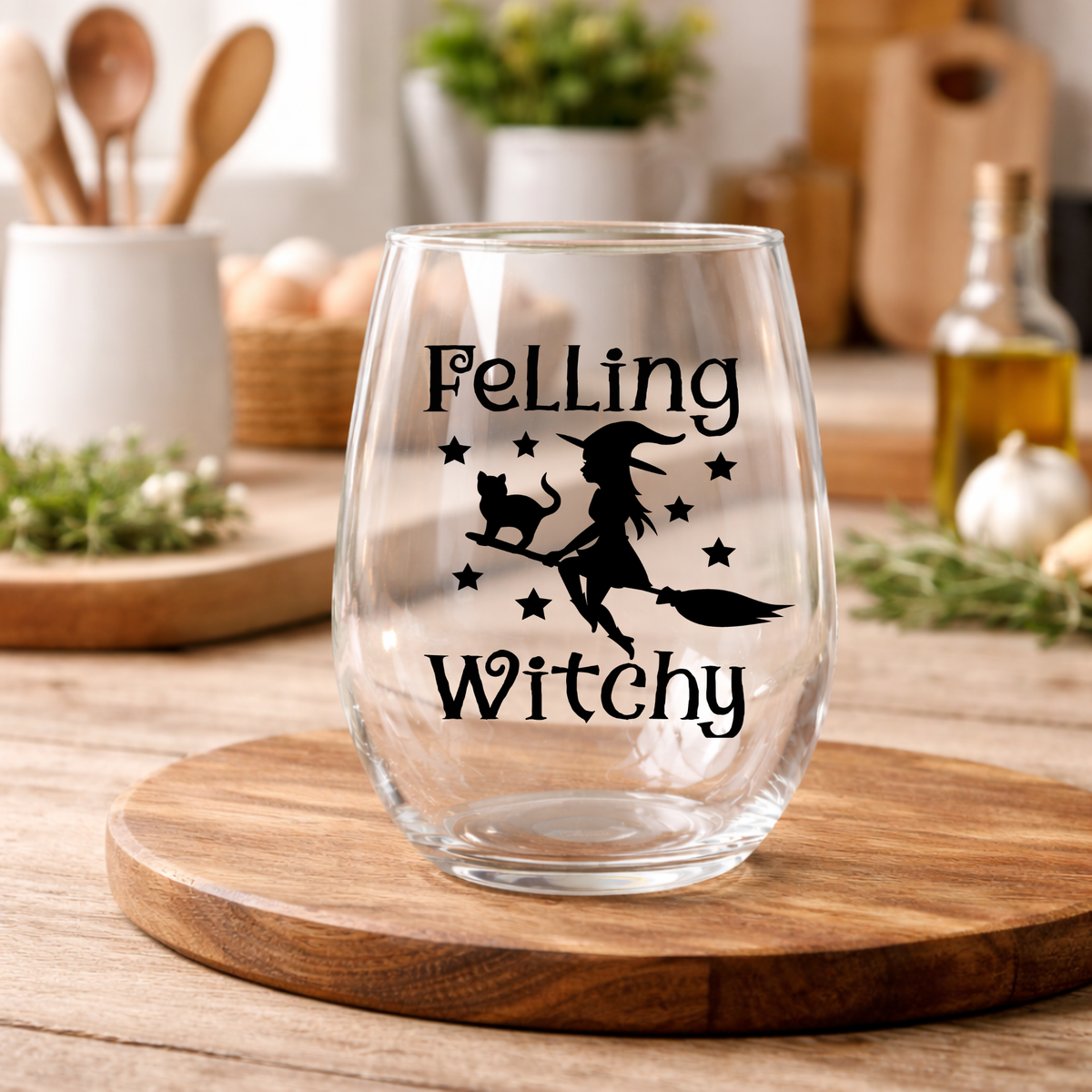 Feeling Witchy Stemless Wine Glass – Halloween Witch Glass