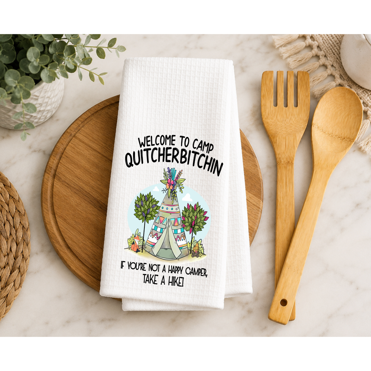 Camp Quitcherbitchin Funny Waffle Kitchen Towel – Happy Camper Camping Gift