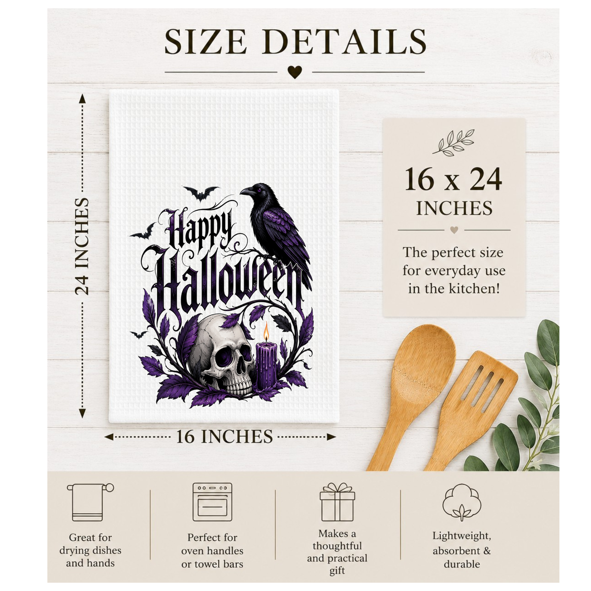 Happy Halloween Gothic Raven Skull Waffle Kitchen Towel