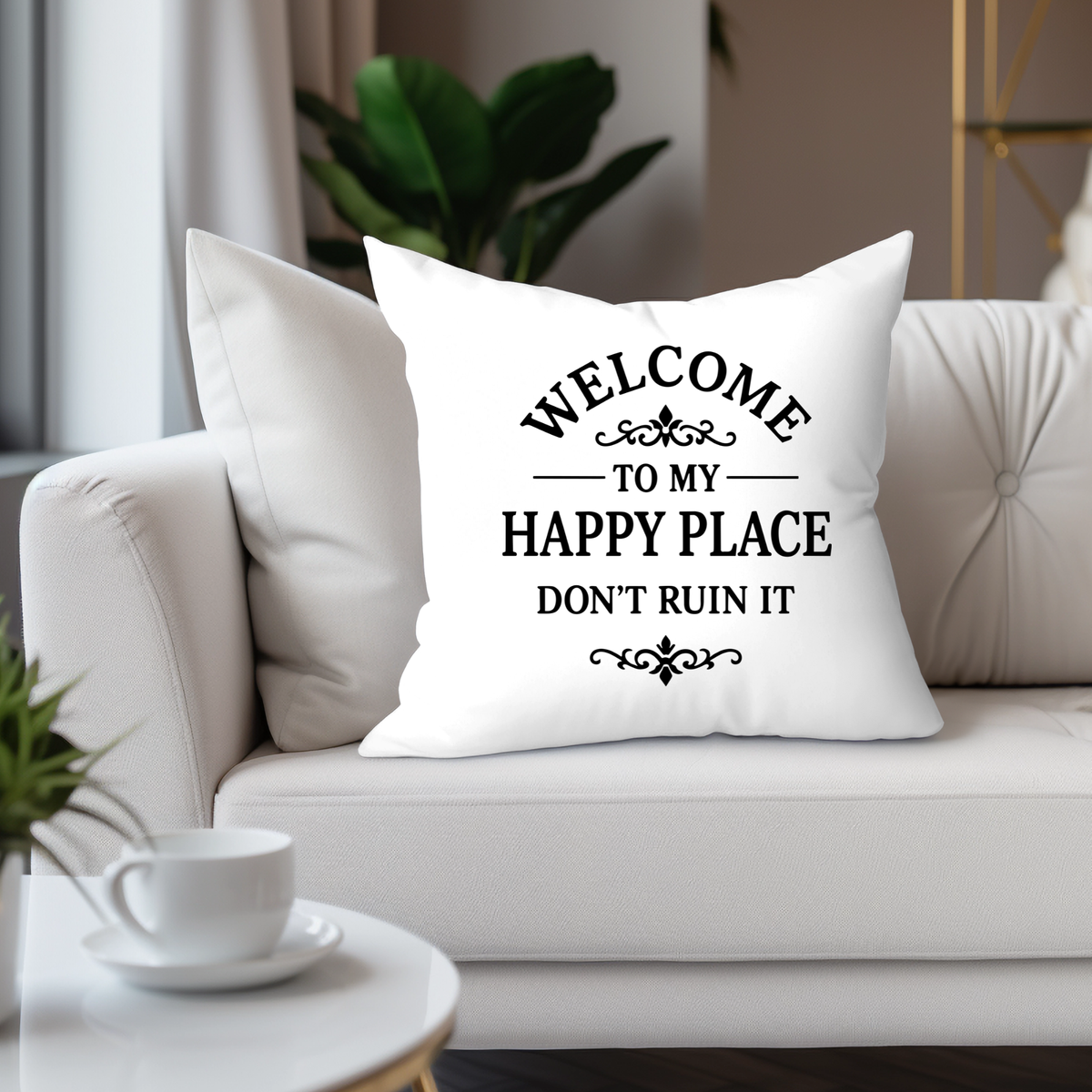 Welcome to My Happy Place Pillow Cover – Funny Farmhouse Decorative Throw Pillow
