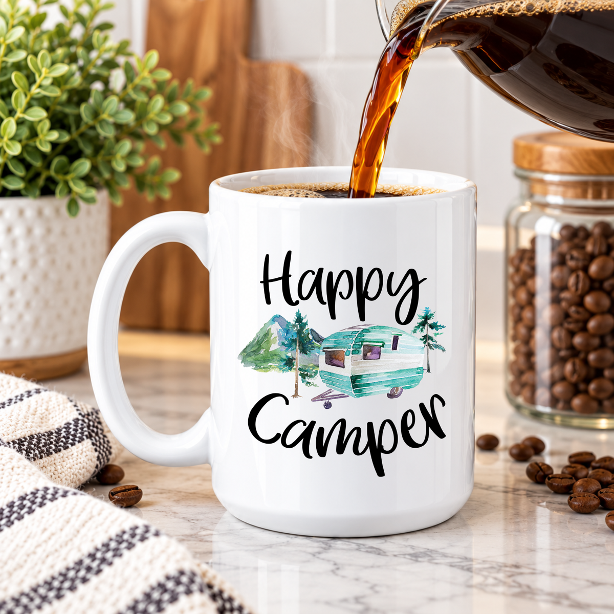 Happy Camper Coffee Mug – Vintage Camper Camping Mug, RV & Travel Trailer Gift