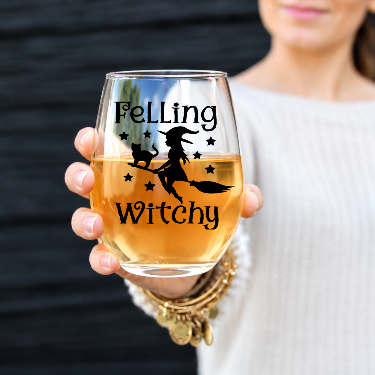 Feeling Witchy Stemless Wine Glass – Halloween Witch Glass