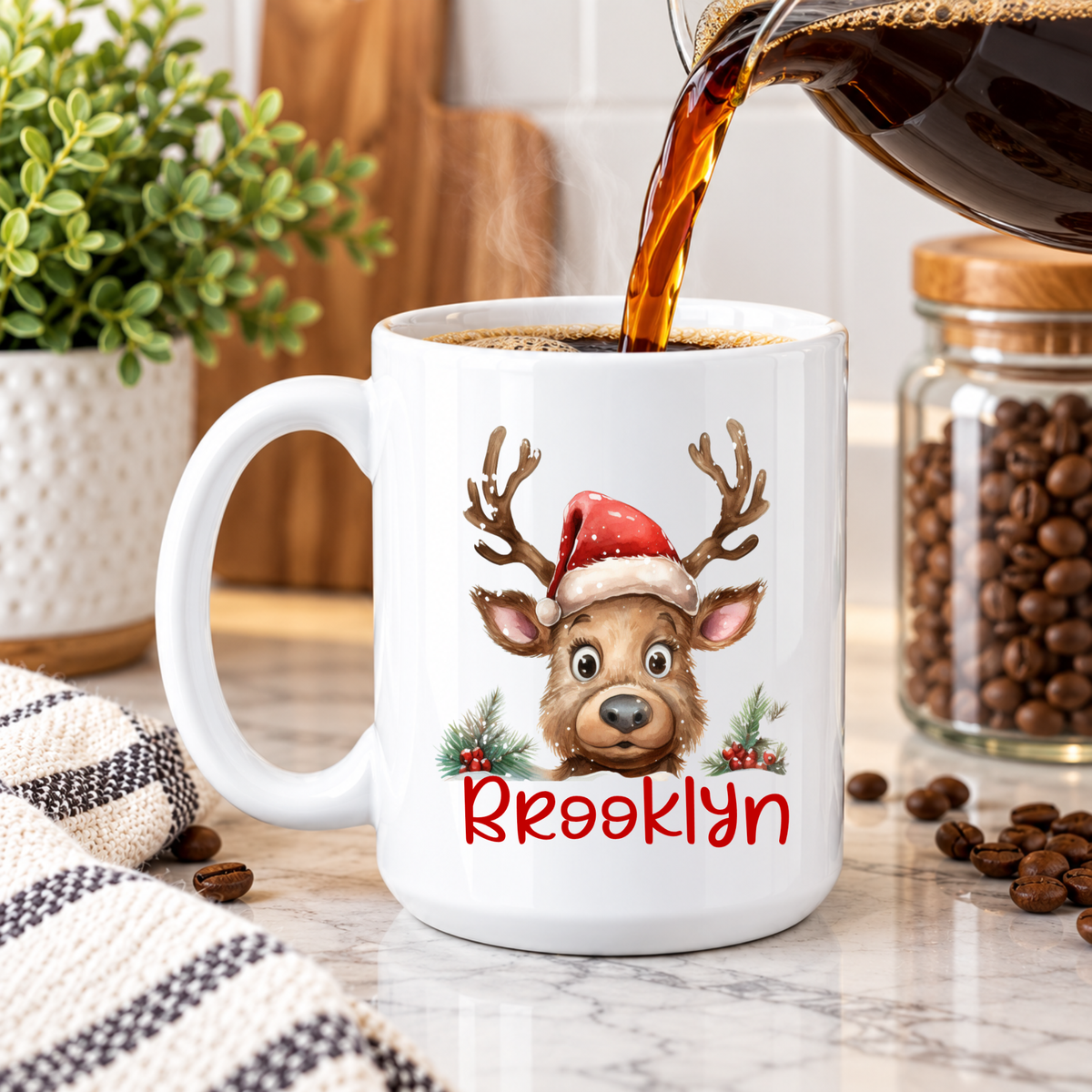 Personalized Christmas Reindeer Mug – Custom Name Coffee Cup, Cute Holiday Gift for Kids & Family