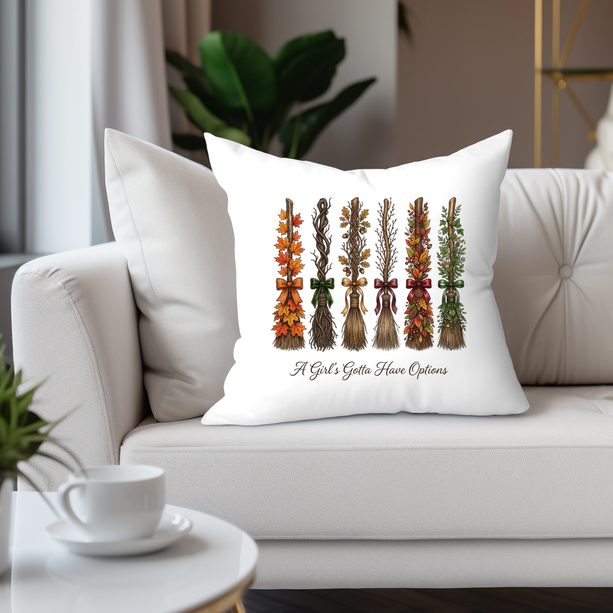 Fall Broom Pillow Cover – “A Girl’s Gotta Have Options” Autumn Witch Home Decor