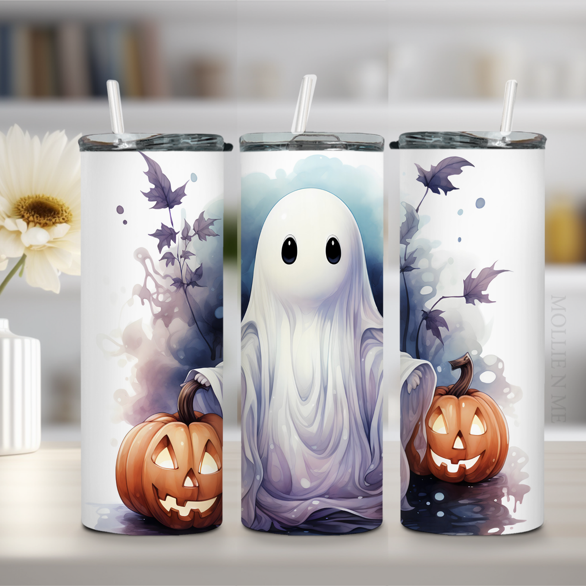 Halloween Ghost Tumbler – 20oz Skinny Stainless Steel Cup with Lid & Straw