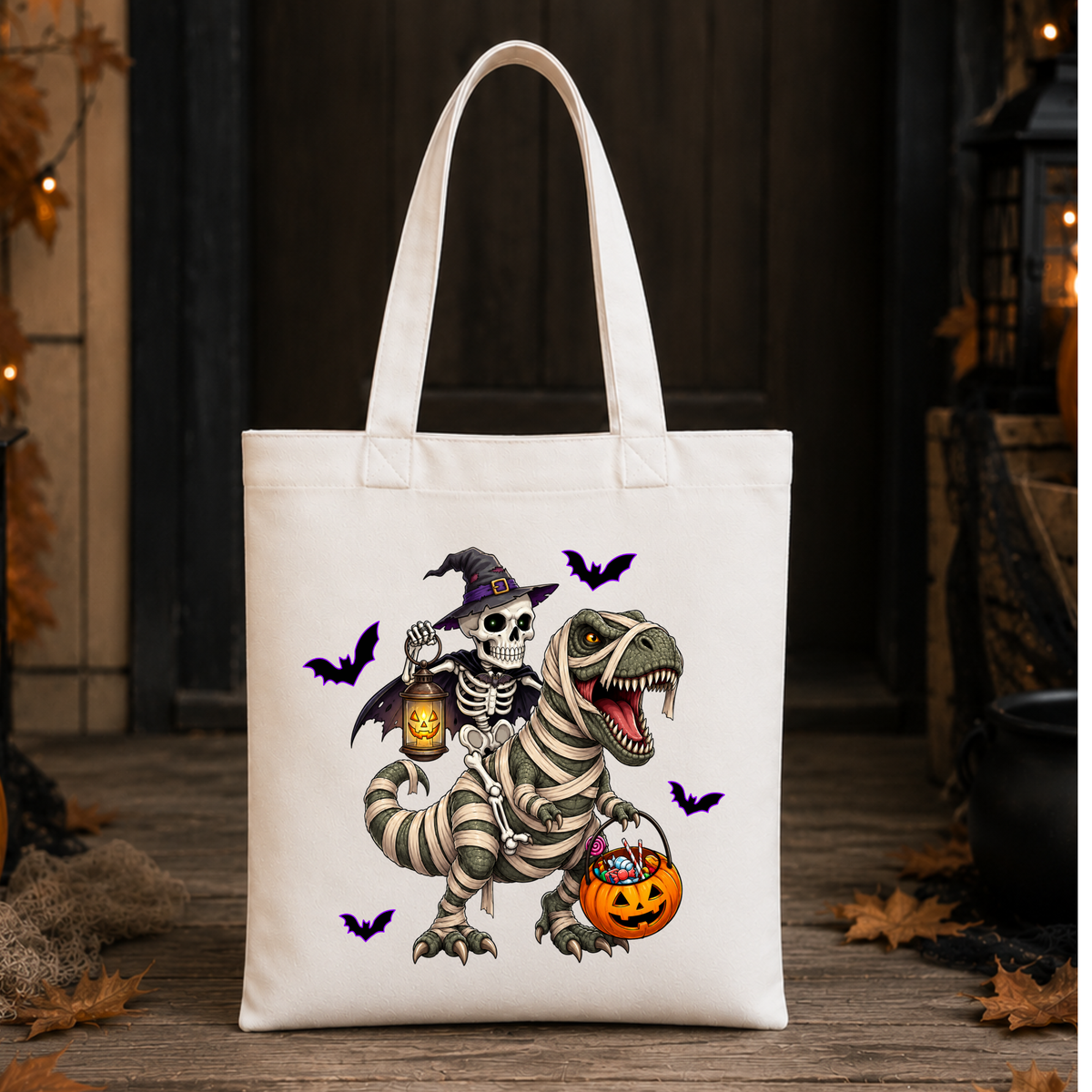 Halloween Dinosaur Tote Bag – Skeleton & Mummy T-Rex Trick or Treat Bag