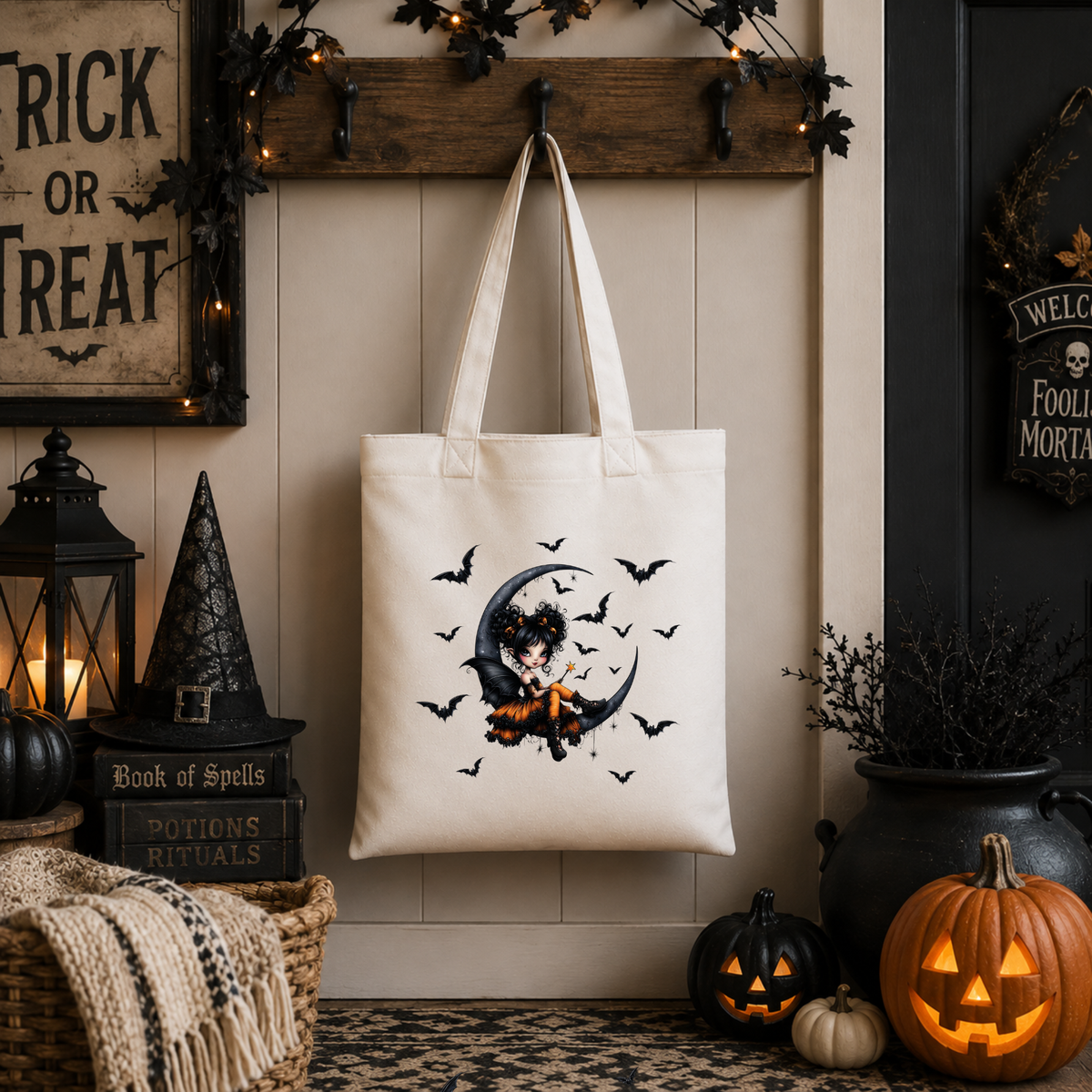 Halloween Canvas Tote Bag – Cute Witch & Bats Trick or Treat Bag