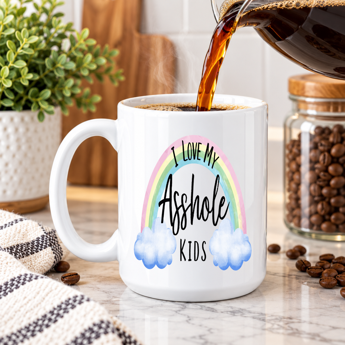 Funny Mom Coffee Mug – I Love My Asshole Kids Rainbow Ceramic Cup, Sarcastic Mom Gift