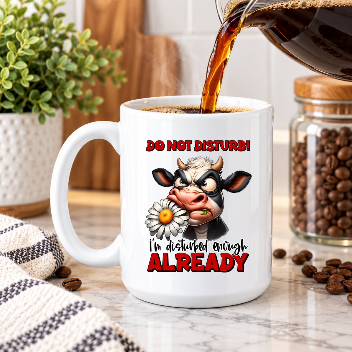 Funny Cow Coffee Mug – Do Not Disturb I'm Disturbed Enough Already, Sarcastic Coffee Cup, Cow Lover Gift