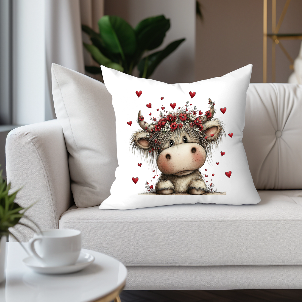 Highland Cow Pillow Cover – Valentine Heart Farmhouse Throw Pillow Decor