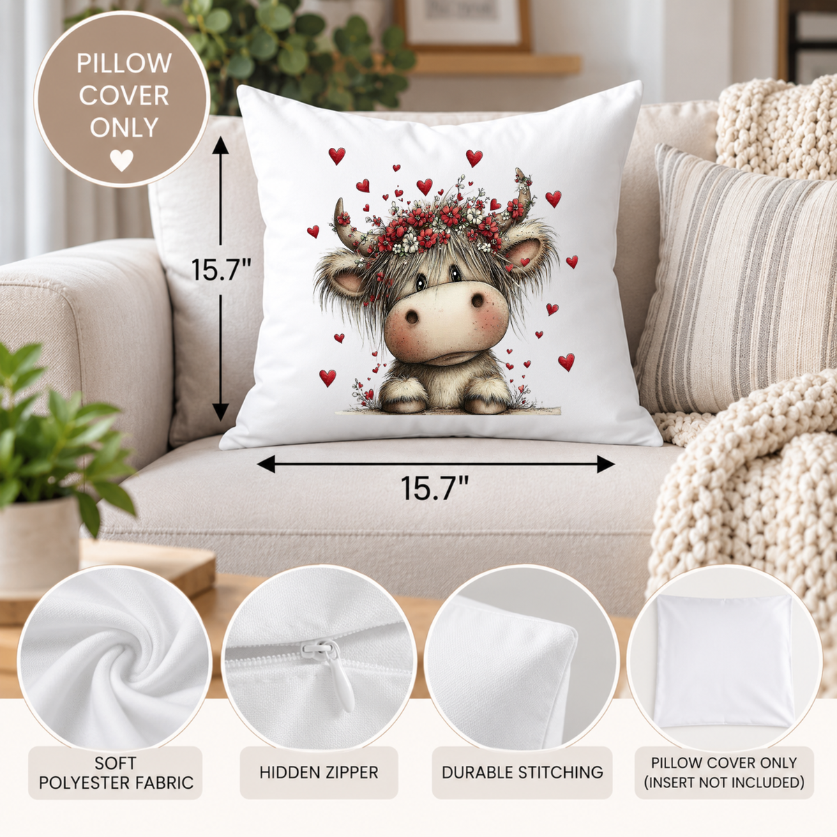 Highland Cow Pillow Cover – Valentine Heart Farmhouse Throw Pillow Decor