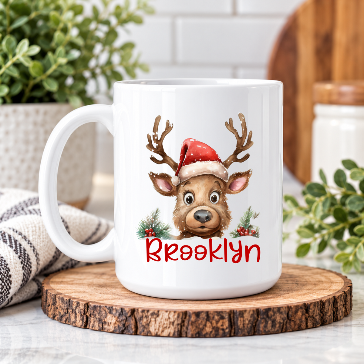 Personalized Christmas Reindeer Mug – Custom Name Coffee Cup, Cute Holiday Gift for Kids & Family
