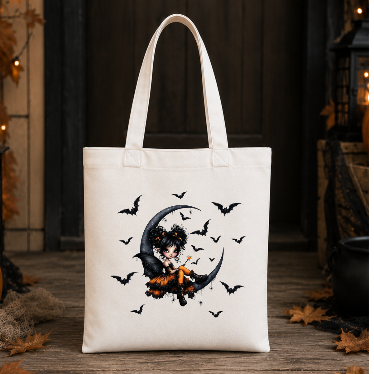 Halloween Canvas Tote Bag – Cute Witch & Bats Trick or Treat Bag