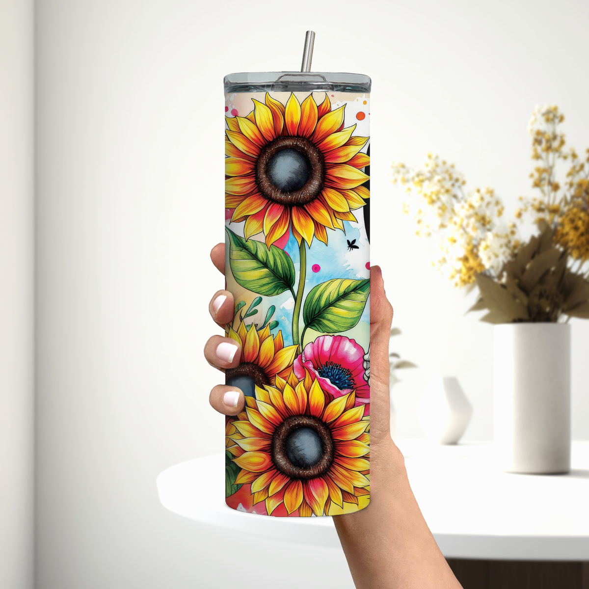 Dead Inside But Caffeinated 20oz Skinny Tumbler – Sunflower Skeleton Coffee Cup