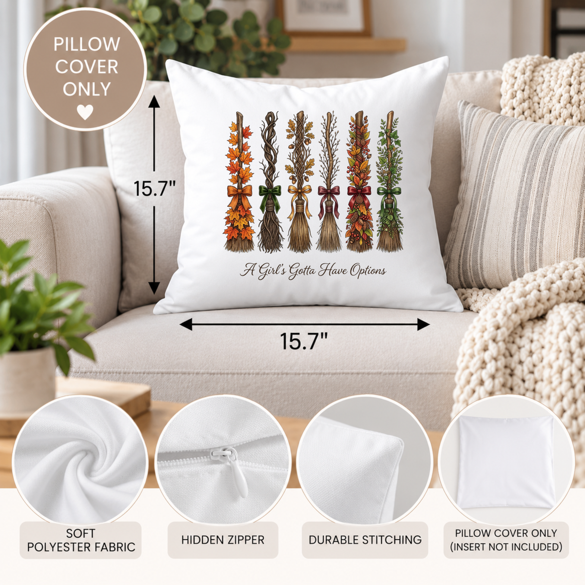 Fall Broom Pillow Cover – “A Girl’s Gotta Have Options” Autumn Witch Home Decor