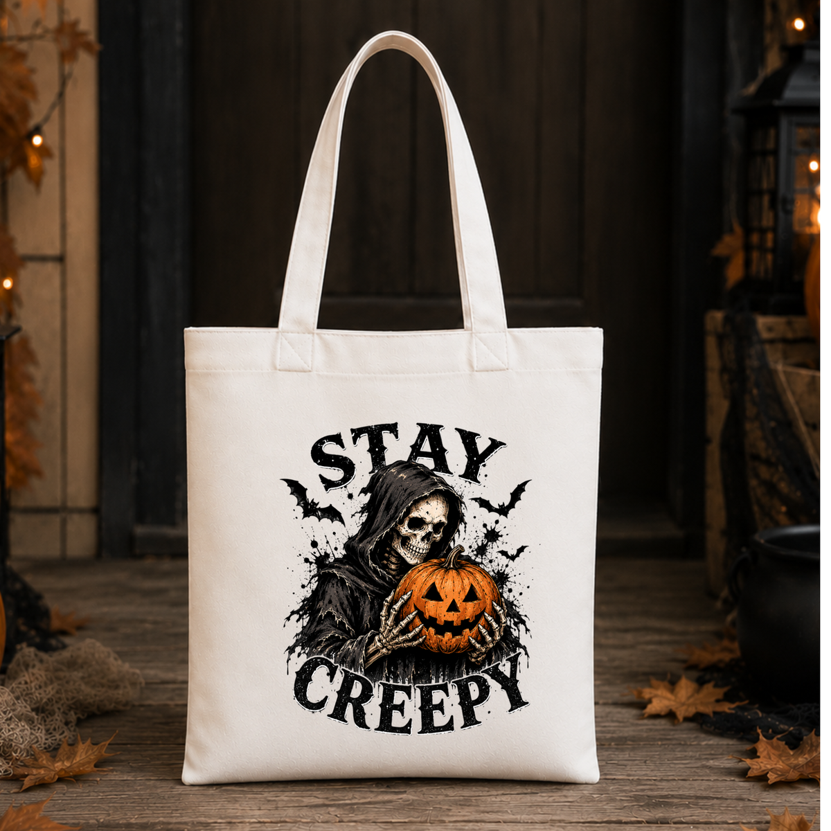 Stay Creepy Halloween Canvas Tote Bag – Skeleton Pumpkin Gothic Bag