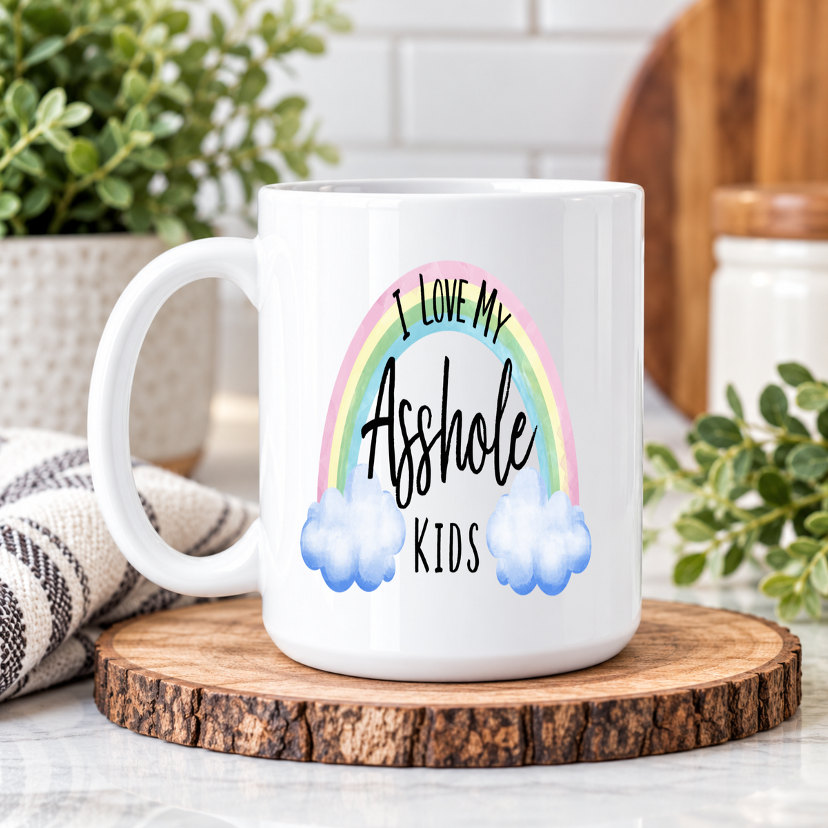 Funny Mom Coffee Mug – I Love My Asshole Kids Rainbow Ceramic Cup, Sarcastic Mom Gift
