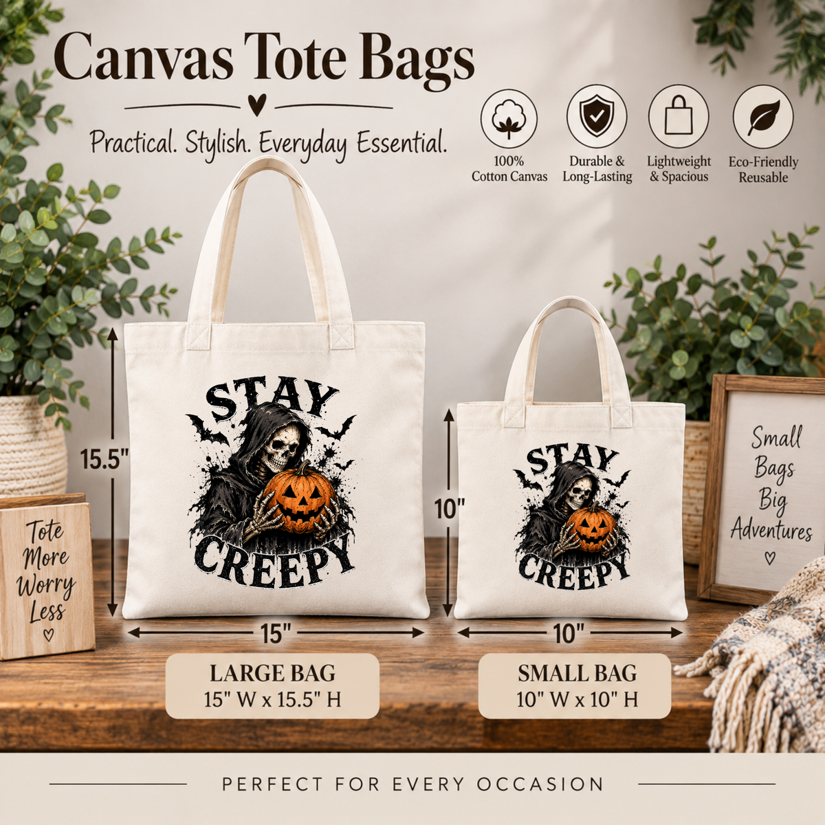 Stay Creepy Halloween Canvas Tote Bag – Skeleton Pumpkin Gothic Bag